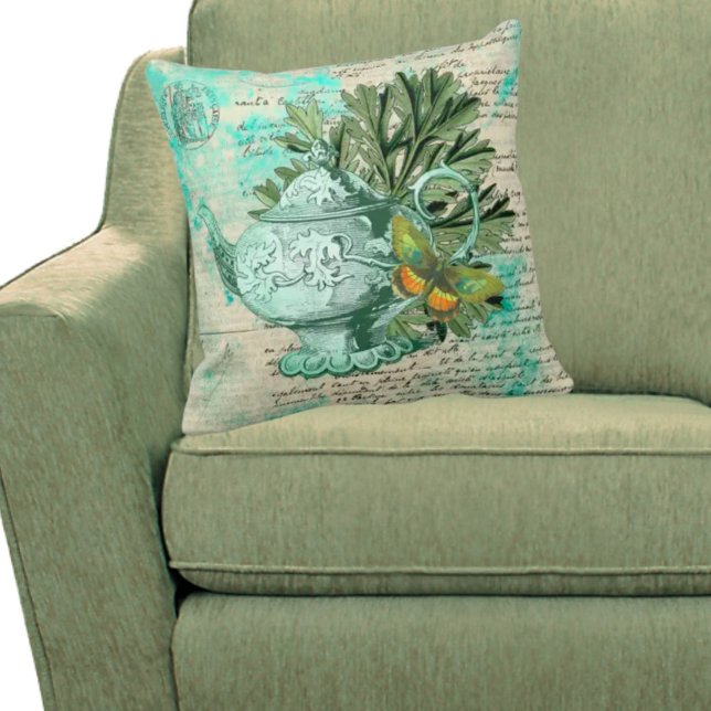 Almofada Colagem Vintage Teapot & Ephemera (Criador carregado)