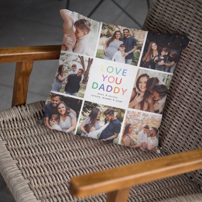 Almofada Colar de Fotos 'EU AMO VOCÊ PAPAI' em Arco-Íris (Cute Keepsake LOVE YOU DADDY Photo Collage Pillow)