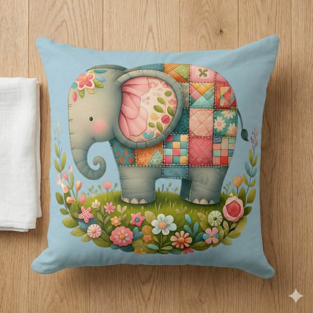 Almofada Colcha de Retalhos Elefante Floral Charme Prado (Patchwork Elephant Floral Meadow Charm Throw Pillow Mockup A)