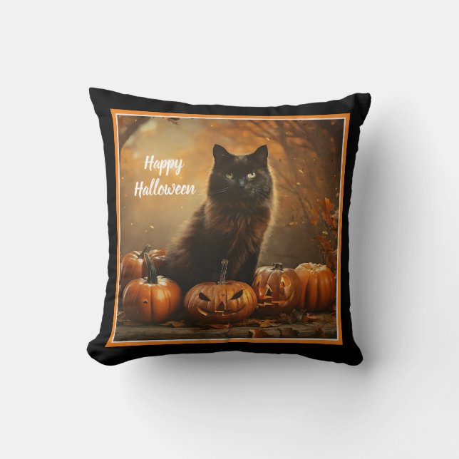 Almofada Coleção de Gatos Negros Felizes para Halloween (Frente)