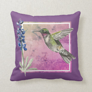 Almofada Colibri e Bluebonnet no fundo cor-de-rosa