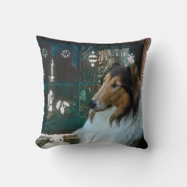 Almofada Collie de Natal na Janela (Frente)