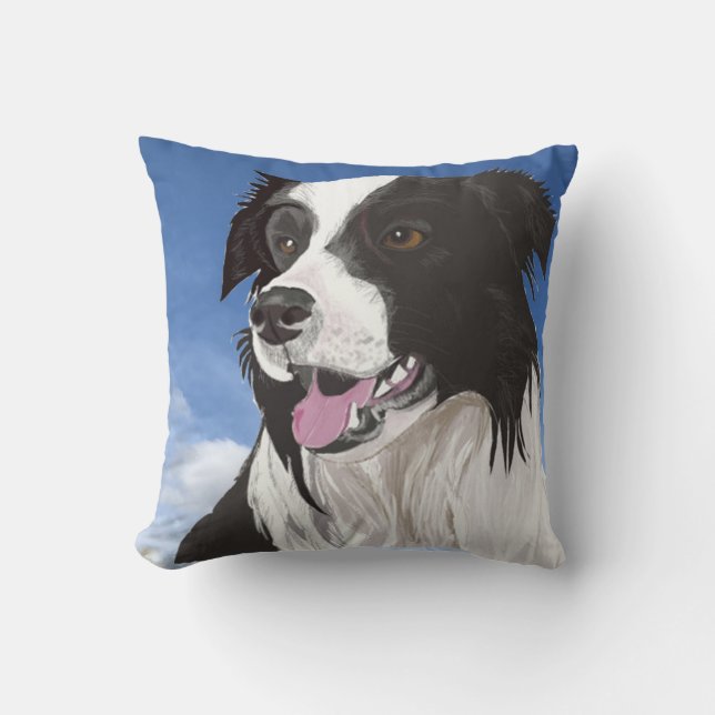 Almofada Collie Preto e Branco contra Pi Azul (Frente)