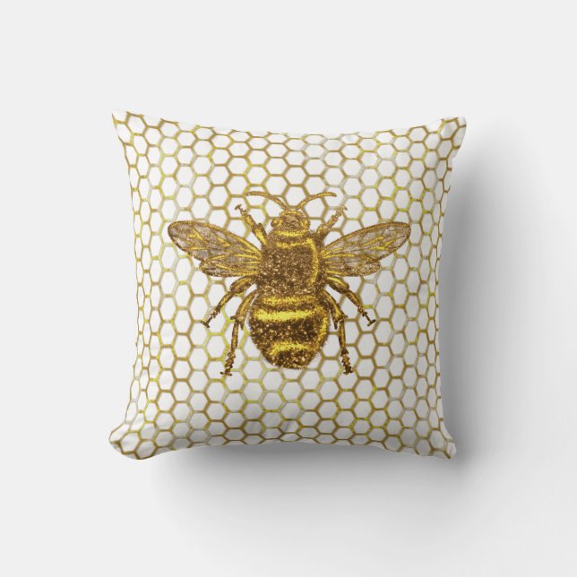Almofada Colmeia Hexágono Abelha Dourada Espelhada (Frente)