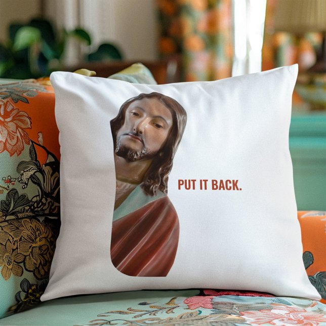 Almofada Coloque De Volta Jesus Engraçado No Fundo Branco (Criador carregado)