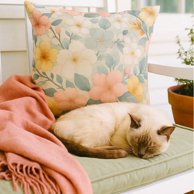 Almofada Colorful Floral on Light Gray  (Cozy moments on the porch with floral throw pillow and your cat )