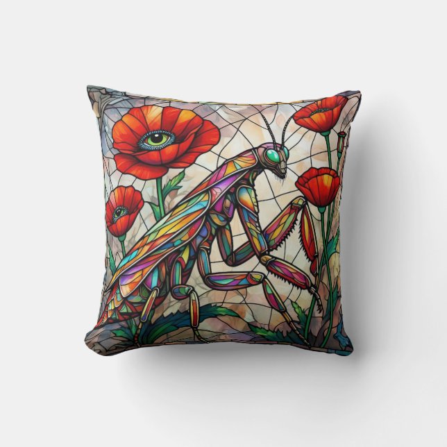 Almofada Colorful Mantis Stained Glass Poppies Steampunk  (Frente)