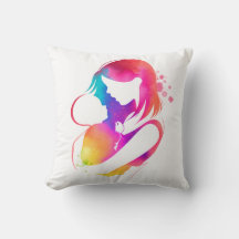 Colorful Watercolor Mother and Baby Throw Pillow
