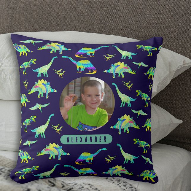 Almofada Colorida Dinossauro Personalizado Foto e Nome de M (Colorful dinosaur pattern personalized name and photo boys navy blue and green pillow)