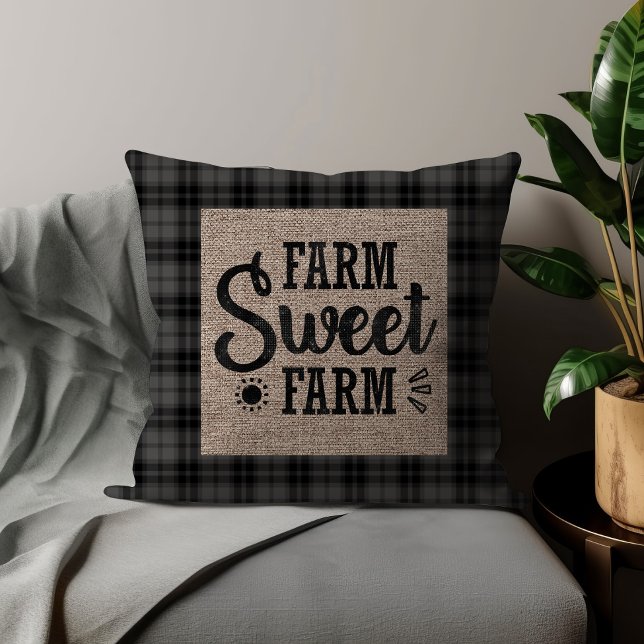 Almofada Coluna de Fazenda doce com Fazenda branca-preta co (Black checkered and burlap "Farm sweet farm" decorator pillow)