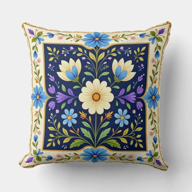 Almofada com design floral moderno com borda. (Frente)