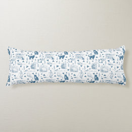 Almofada Comprida Vintage Retro Toile Patterno Cat Catnip White Blue