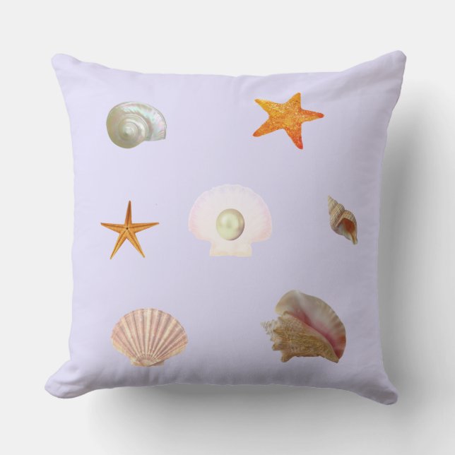 Almofada Conchas, estrelas do mar e pérola em azul-pervinca (Frente)