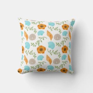 Almofada Conchas Marinhas Azuis Caracol Mar Flor Laranja