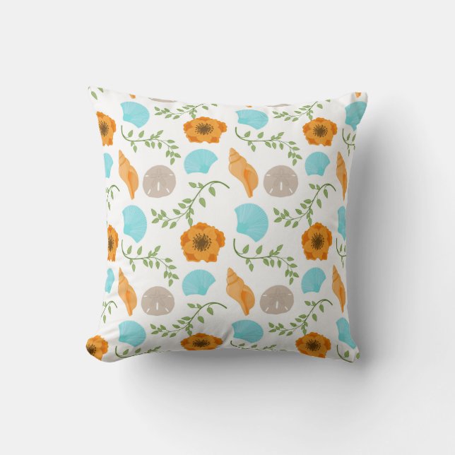 Almofada Conchas Marinhas Azuis Caracol Mar Flor Laranja (Frente)