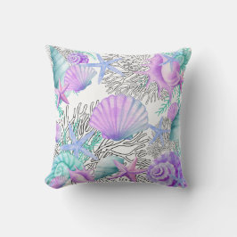 Almofada Conchas Marinhas Roxo Rosa Azul Turquesa E Branco