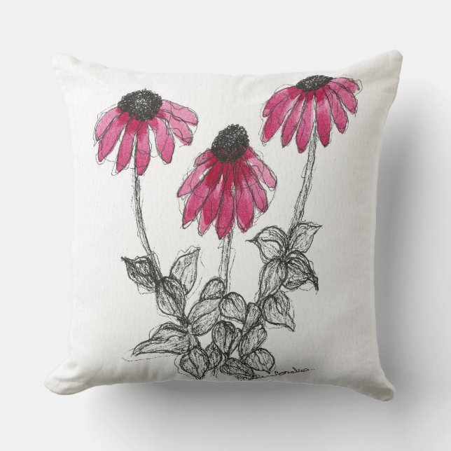 Almofada Coneflowers Aquarela e Tinta (Frente)