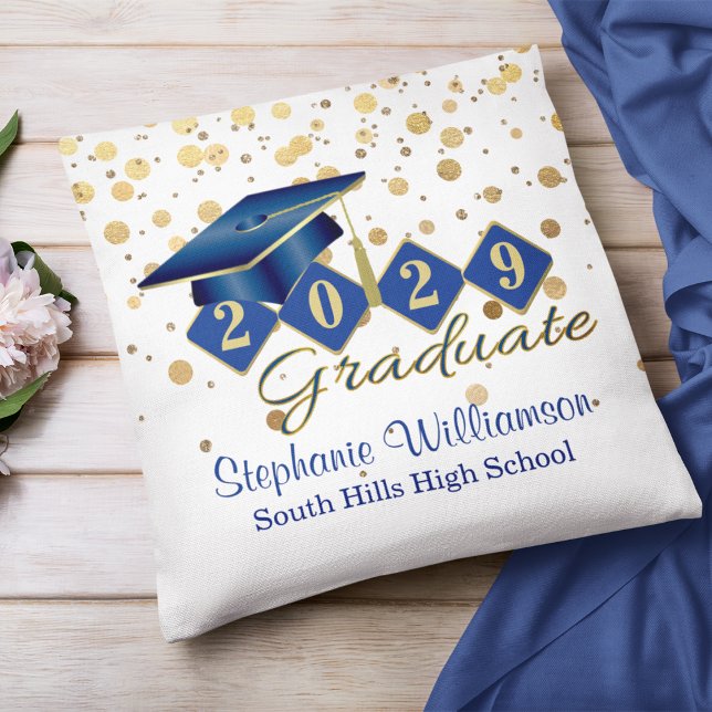 Almofada Confetti Dourado e Azul de Graduação Personalizado (Personalized Graduation Blue & Gold Confetti Throw Pillow)