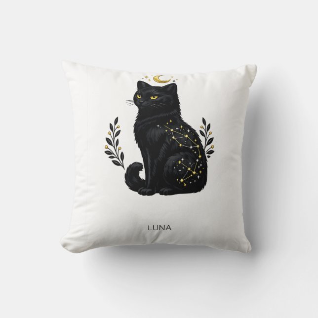 Almofada Constelação Mística de Gato Preto Celestial (Frente)