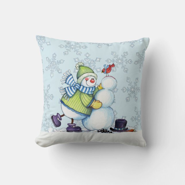 Almofada Construindo Homem de Neve - Travesseiro (Frente)