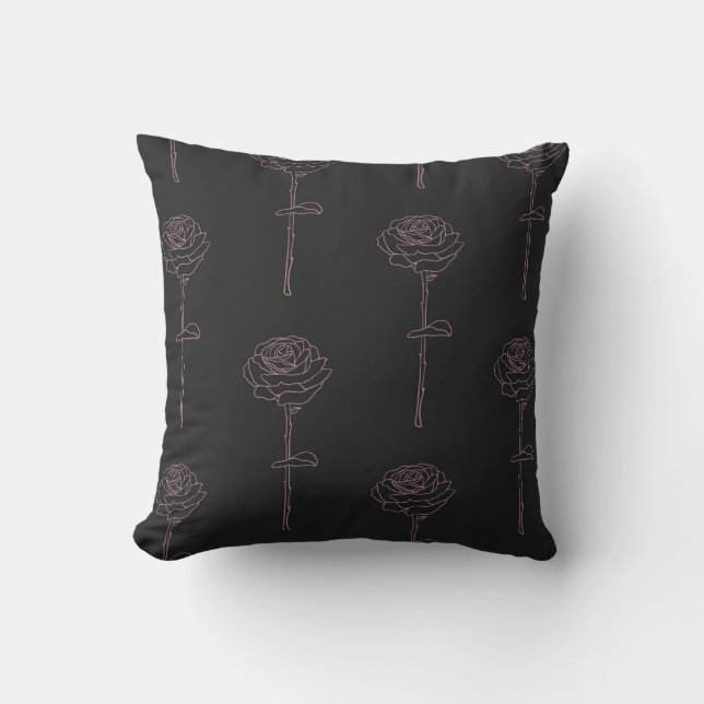 Almofada Contorno de Rosa mínimo em preto (Frente)
