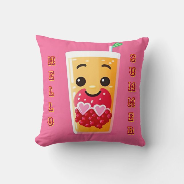 Almofada Copo de Suco Sorridente Fofo com Cores Vibrantes (Frente)
