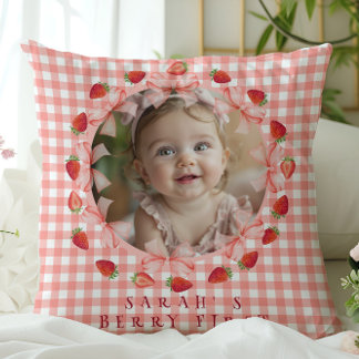 Almofada Coquette Berry First Birthday Red Gingham Photo 