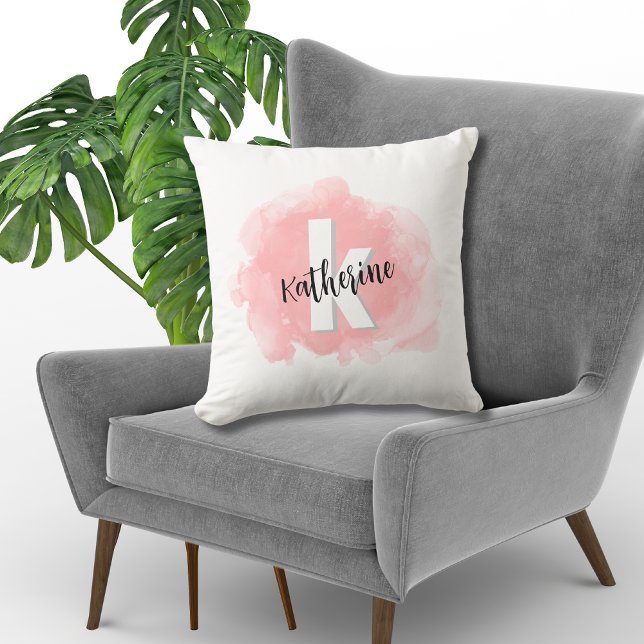 Almofada Cor d'água rosa monograma (Modern Pink Watercolor Monogrammed Throw Pillow)