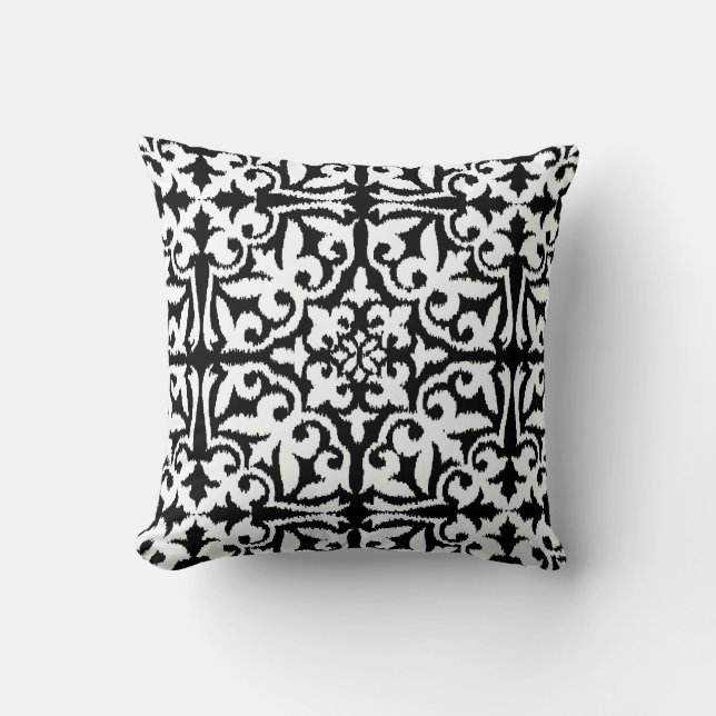 Almofada Cor damasco de Ikat - preto e branco (Frente)