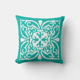 Almofada Cor damasco de Ikat - turquesa e branco