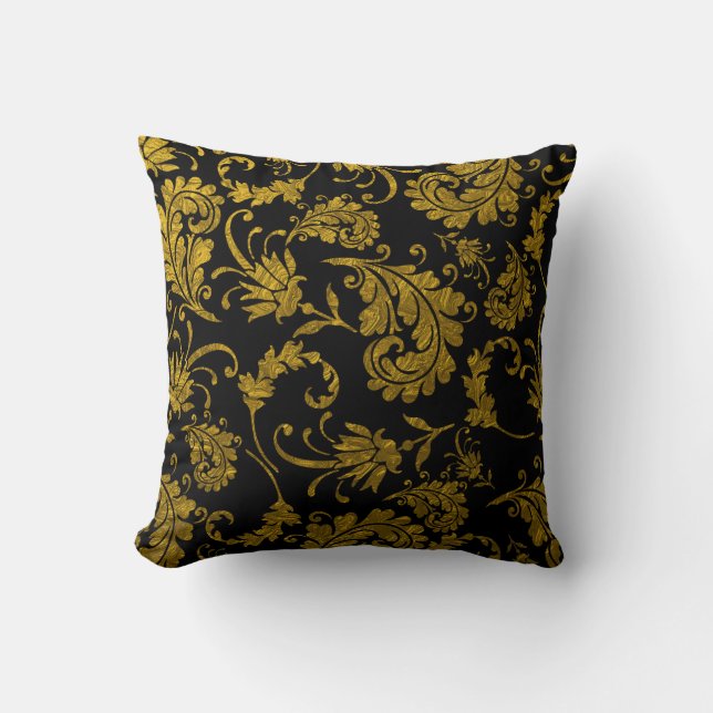 Almofada Cor damasco Dourado elegante no preto (Frente)