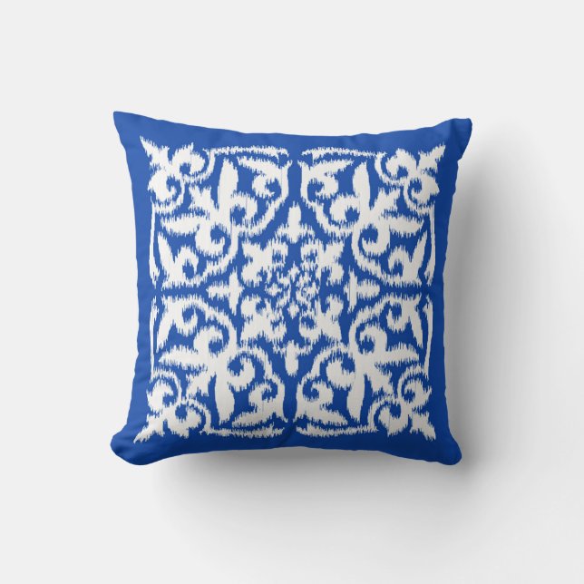 Almofada Cor damasco Ikat - azul de cobalto e branco (Frente)