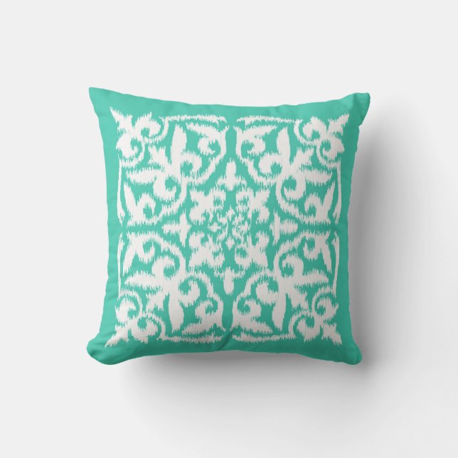 Almofada Cor damasco Ikat - azul-pavão e branco (Frente)