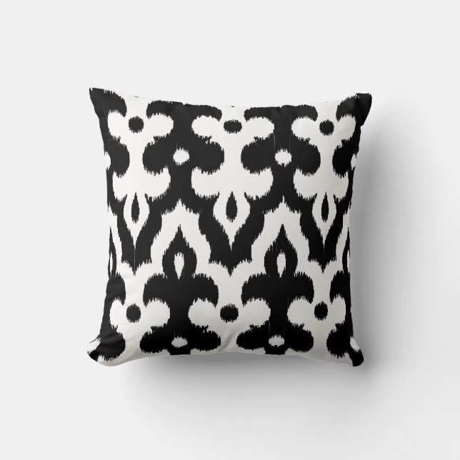 Almofada Cor damasco Ikat marroquina, preto e branco (Frente)