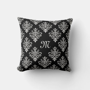 Almofada Cor damasco preto e branco Monogrammed elegante