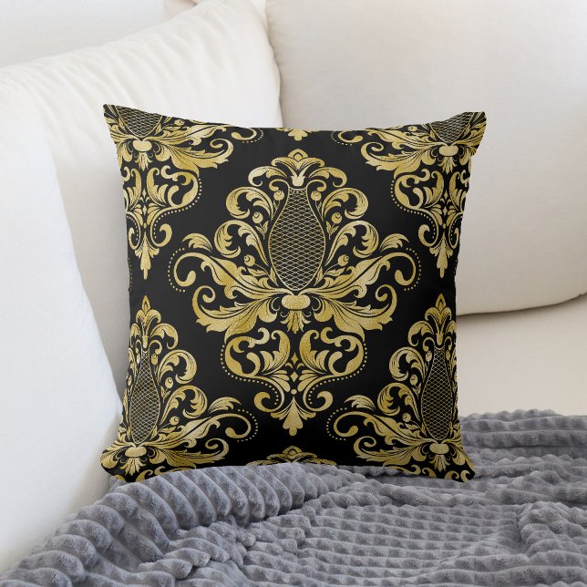 Almofada Cor damasco Vitoriana Dourada em Preto (Criador carregado)