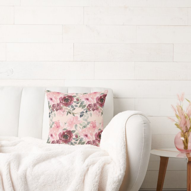 Almofada Cor-de-água Bonito, Rosa Floral e Borgonha (Sofá)