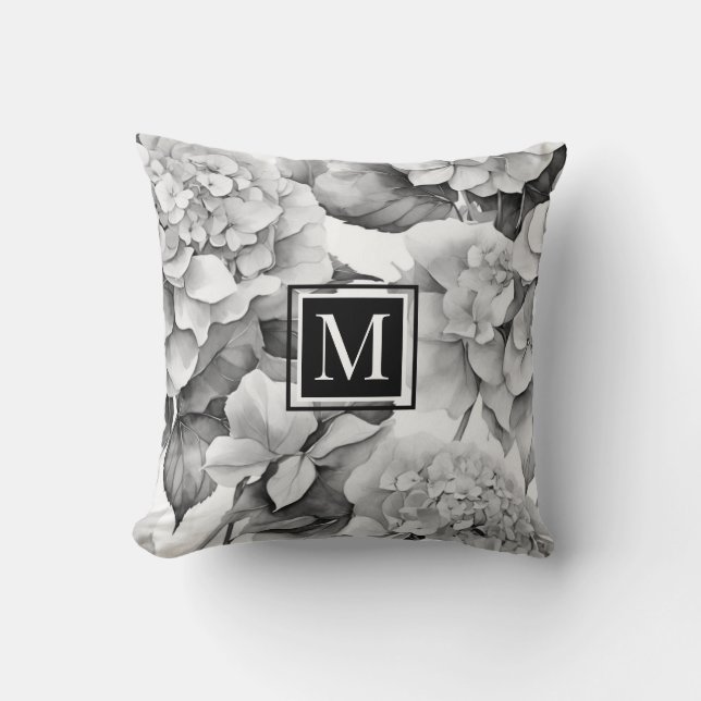 Almofada Cor de água floral negra da cinza branca Elegante (Frente)