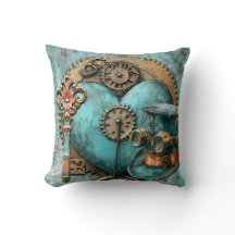 Coração Azul Vintage com Engrenagens Arte Steampun