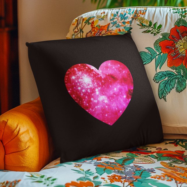 Almofada Coração Celestial Preto e Rosa Quente (Black and Hot Pink Celestial Heart Throw Pillow)
