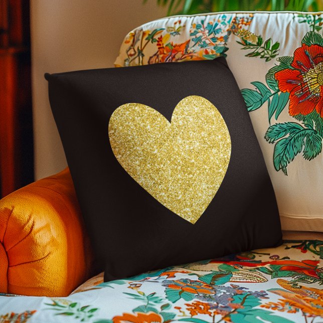 Almofada Coração de Fotografias Douradas e Pretas (Black and Gold Glitter Photo Heart Throw Pillow)