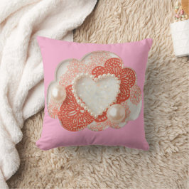 Almofada Coração de Pérola Rosa Elegante e Renda Coral Ilus