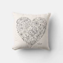 Almofada Coração Floral Doodle Arte Botânica Romântica em L