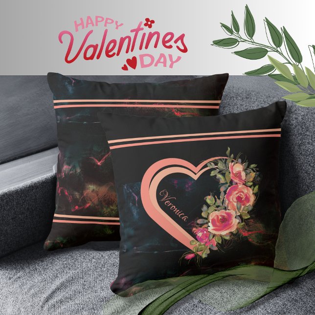 Almofada Coração Rosa com Rosas (Pink Heart with Roses Throw Pillow)