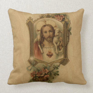 Almofada Coração sagrado do vintage de Jesus com cordeiro