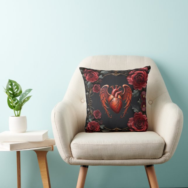 Almofada Coração vermelho gótico com Rosas - Romântico escu (Cadeira)