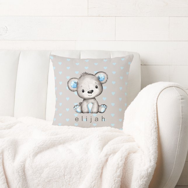 Almofada Corações Azuis do Urso do Bebê Personalizado (Criador carregado)