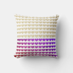 Almofada Corações com padrões cor-de-rosa, roxo e dourado c