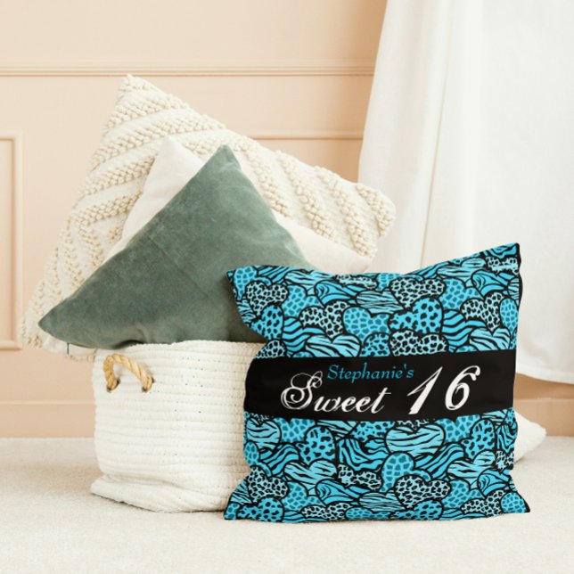 Almofada Corações de animais azuis Doce Dezesseis Travessei (Criador carregado)