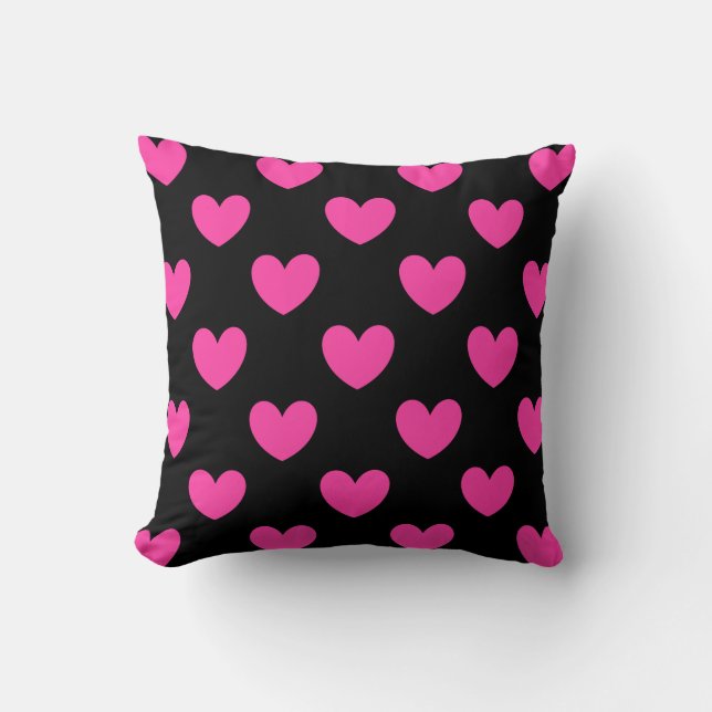 Almofada Corações de polca cor-de-rosa fuchsia em preto (Frente)